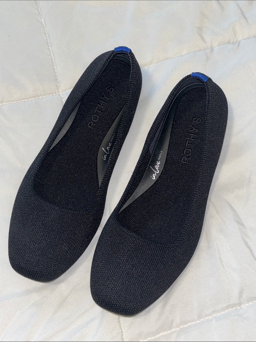 Rothy's Black Knit Square-Toe Ballet Flats with Blue Heel Tab